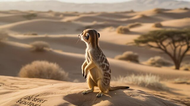 Meerkat Sentinel in the Desert: A solitary meerkat stands guard atop a dune, its gaze fixed on the horizon in a vast desert landscape. The scene captures a sense of vigilance.