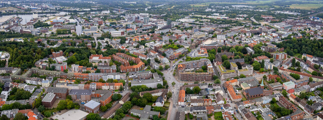 Aerial view of the old town of the city Harburg bei Hamburg in Germany on a sunny spring day	