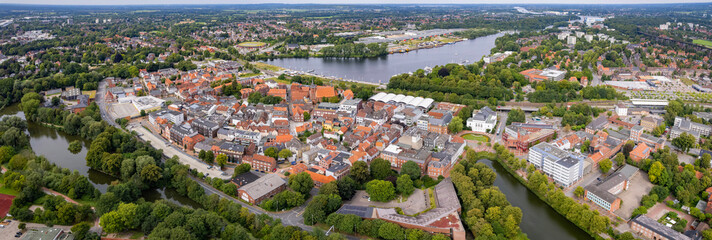 Aerial view of the old town of the city Rendsburg in Germany on an sunny spring afternoon