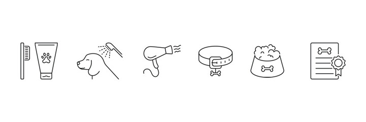Set of pet grooming lined icon collection. Washing, teeth brushing, nail trimming, taking care of dogs and cats symbol.
