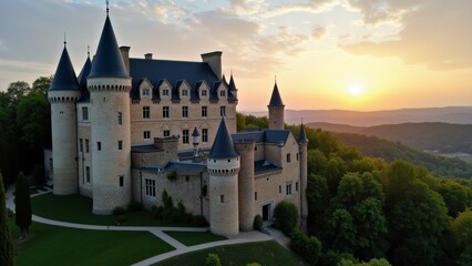 aerial view large castle multiple towers turrets castle located hilltop beautiful landscape background sky painted warm orange yellow hue indicating either sunrise sunset sun setting distance casting