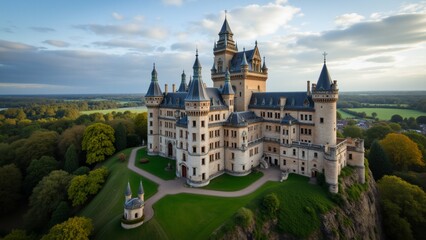 aerial view beautiful castle perched top cliff castle stone has multiple towers pointed roofs turrets sky blue few clouds scattered across sun setting casting warm glow over landscape cliff covered