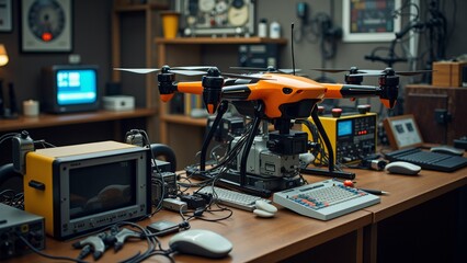 desk various electronic devices equipment scattered around center desk small orange drone four propellers camera attached drone sitting top computer monitor keyboard drone two computer monitors