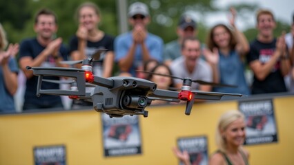drone flying front crowd people drone grey color has two propellers red lights people crowd clapping cheering wearing casual clothes background blurred appears outdoor setting trees blue sky seems