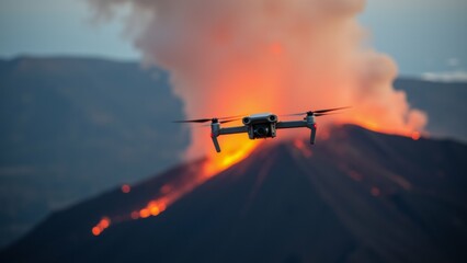 drone flying over volcano drone center its four propellers spinning rapidly volcano erupting large plume orange red smoke rising top sky deep blue mountains background silhouetted against appears