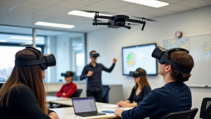 group people classroom wearing virtual reality headsets sitting desks laptops front background man standing giving presentation above group drone flying air room has large windows whiteboard wall