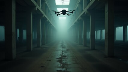 long empty corridor skylight above corridor multiple columns either side floor covered dirt grime walls ceiling concrete large windows right side corridor center drone flying low over corridor its