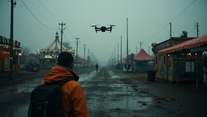 man walking wet street backpack his back facing away camera appears looking drone flying sky drone black has four propellers street lined shops buildings both sides carnival ride background sky