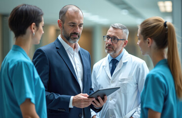 Pharmaceutical sales representative in suit, doctor in lab coat, two nurses in scrubs in hospital corridor. They use tablet for business talk, discussing medical technology, healthcare innovation.