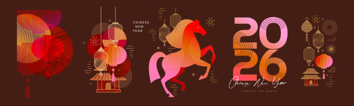 2026 Horse Year Set. Abstract modern vector illustrations of Chinese New Year designs for 2026, Year of the Horse. Lanterns, horse, house and traditional elements for icons and print