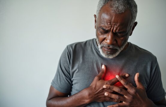 Portrait of older African American man with grey hair, beard experiencing chest pain. Clutches chest with pained expression, possibly indicating heart attack severe discomfort. Medical concept
