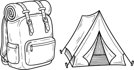 Backpack and tent camping icons line art hand-drawn style