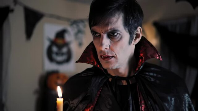 Vampire man with candle in spooky halloween setting featuring gothic atmosphere and dracula costume. concept of halloween magic, vampire theme, spooky celebration