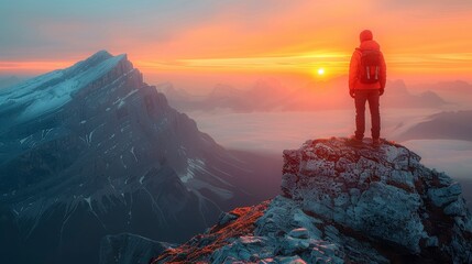 Hiker atop a rocky mountain peak watches a vibrant sunset over a misty mountain range