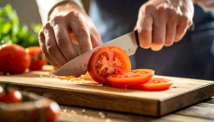 Chef Slicing Fresh Tomato on Wooden Board with Kitchen Lifestyle, and Food Preparation.