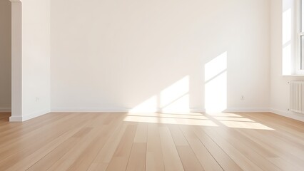 A minimalist living space featuring empty wooden floors and white walls in natural ambient light.