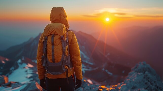 Hiker views sunrise from snowy mountain peak, backpack