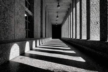 Obraz premium Shadows and light play along a corridor with towering columns in a historic building during midday