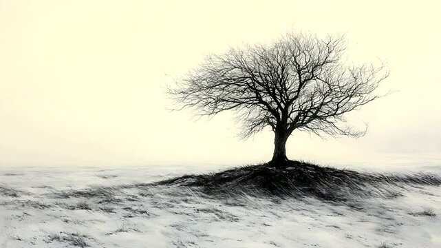 Solitary bare tree atop snow-covered hill, ethereal landscape