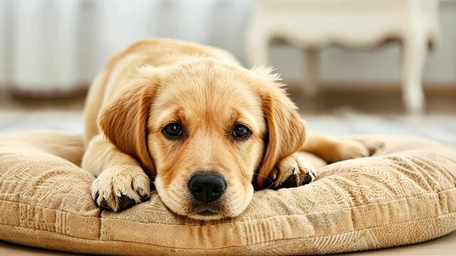 Golden Retriever Puppy: A cute golden retriever puppy rests on a dog bed, showcasing a heartwarming moment of tranquility and the unconditional affection of a beloved companion.