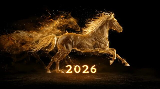 Head of fire horse symbol of 2026. Majestic blazing dark equine with glowing eyes. Mystical animal spirit concept for horoscope. Footage	
