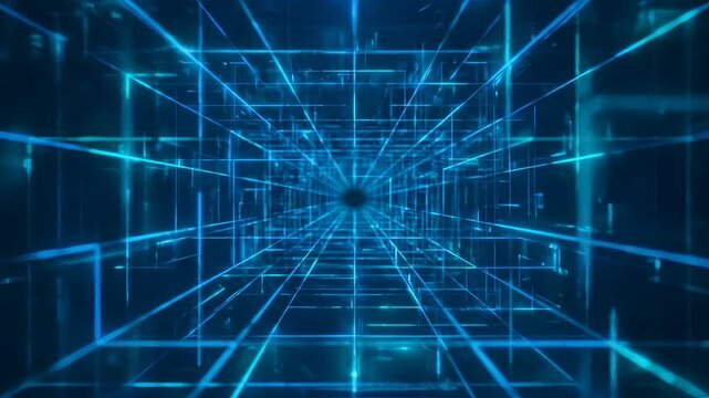 Abstract digital tunnel technology background with illuminated geometric lines in blue