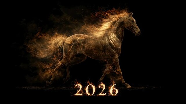 Head of fire horse symbol of 2026. Majestic blazing dark equine with glowing eyes. Mystical animal spirit concept for horoscope. Footage	

