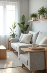 Fototapeta premium Modern living room features a grey sofa with wooden armrest table holding white mug. Natural light from window illuminates potted plants. Comfortable and stylish decor for home.