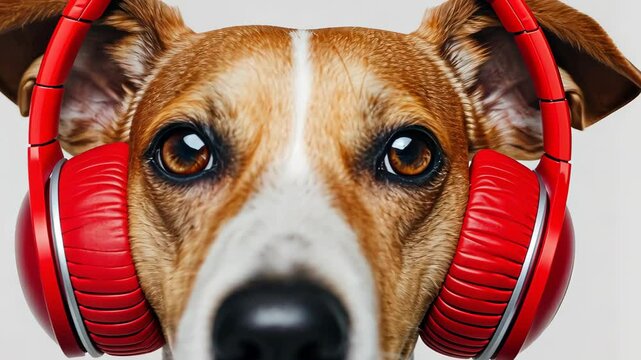 Canine Rhapsody: An endearing dog, adorned with vibrant red headphones, gazes directly at the camera, exuding an aura of musical delight.