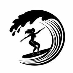 Silhouette Surfer Riding a Wave in the Ocean image vector isolated on white background.