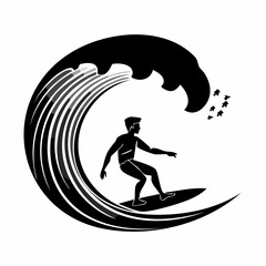 Silhouette Surfer Riding a Wave in the Ocean image vector isolated on white background.