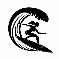 Silhouette Surfer Riding a Wave in the Ocean image vector isolated on white background.