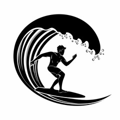 Silhouette Surfer Riding a Wave in the Ocean image vector isolated on white background.