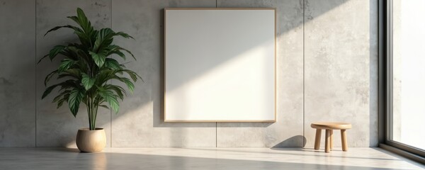 Minimalist interior scene features large blank square art frame on concrete wall beside potted green plant. Simple wooden stool sits near bright window, casting subtle shadows. Modern home decor with