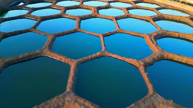 Aerial perspective of geometric salt evaporation ponds at dusk capturing the beauty of nature