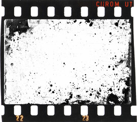 35 mm film frame with dust, scratches and black splatters on transparent background (png image). Useful for art design, vintage film effects, and backgrounds	
