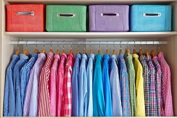Neatly organized closet featuring colorful shirts and storage bins to optimize space and style