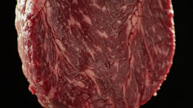 Closeup juicy marbled beef detailed raw meat texture with rich intricate patterns