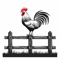 Rooster Perched Upon Farm Fence image vector isolated on white background. © kalogr