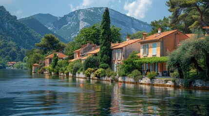 Fototapeta premium Waterfront homes with terracotta roofs line a lake against a mountain backdrop, serene scene