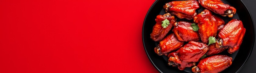 Spicy Chicken Wings on Black Plate, Red Background,food ,recipe