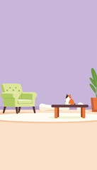 Cozy pastel living room with plush armchair, pet cat on coffee table, minimalistic purple and lime background, concept of home comfort and relaxation.