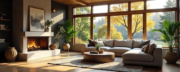 Fototapeta premium Bright, Cozy Living Room with Fireplace Perfect for Relaxation and Family Time