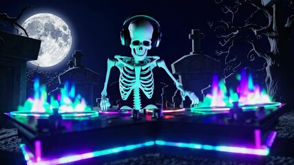 Seamless animation of a skeleton dijing with turntables in a cemetery at night. Funny halloween background - Powered by Adobe