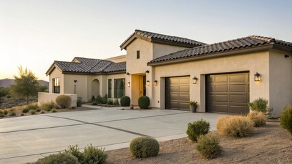 Modern Southwestern Style House Exterior with Flat Dark Tile Roofs, Double Garage, and Desert Landscaping at Sunset