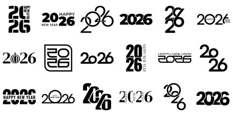 Black 2026 typography set in bold minimalist style, isolated on white background. Geometric New Year lettering for posters, greeting cards, calendars, websites, and holiday design projects.