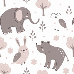 Naklejka premium Cute Seamless Woodland Animal Pattern with Elephant, Owl, Rabbit, and Bear in Muted Tones on a White Background