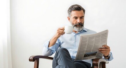 A calm gentleman with a gray beard reading a newspaper while sipping a cup of coffee. 