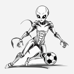 Alien in Action Playing Soccer with Dynamic Moves in a Futuristic Vector Illustration