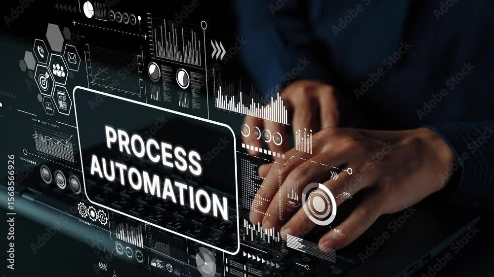 Poster hands typing on laptop with graphics displaying process automation concept and digital data visuals 
